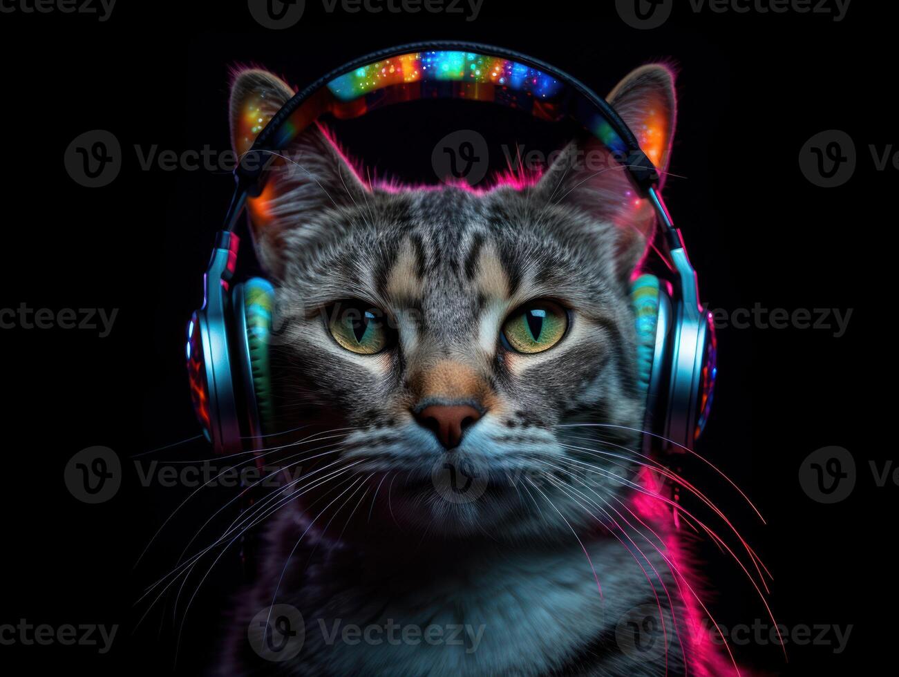 Cat in big headphones enjoys music. Created with technology photo