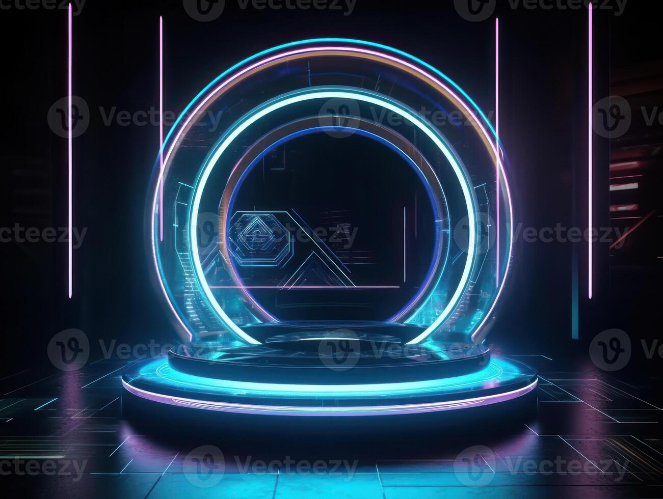 Fantastic Circle holograms magic portals. Futuristic round stage with neon lights. Glowing round stage on a dark background. Created with technology photo