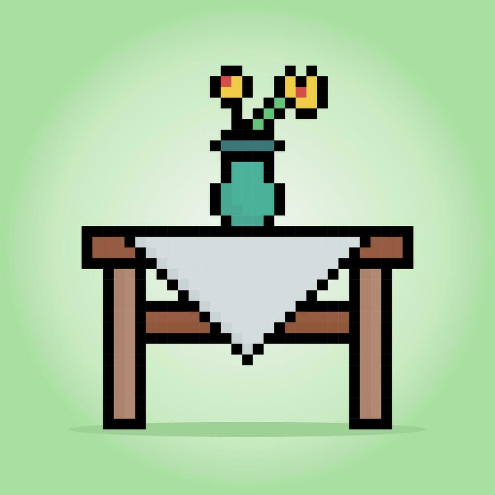 8 bit pixel wooden desk in vector illustration for game assets. isolated pot flower.