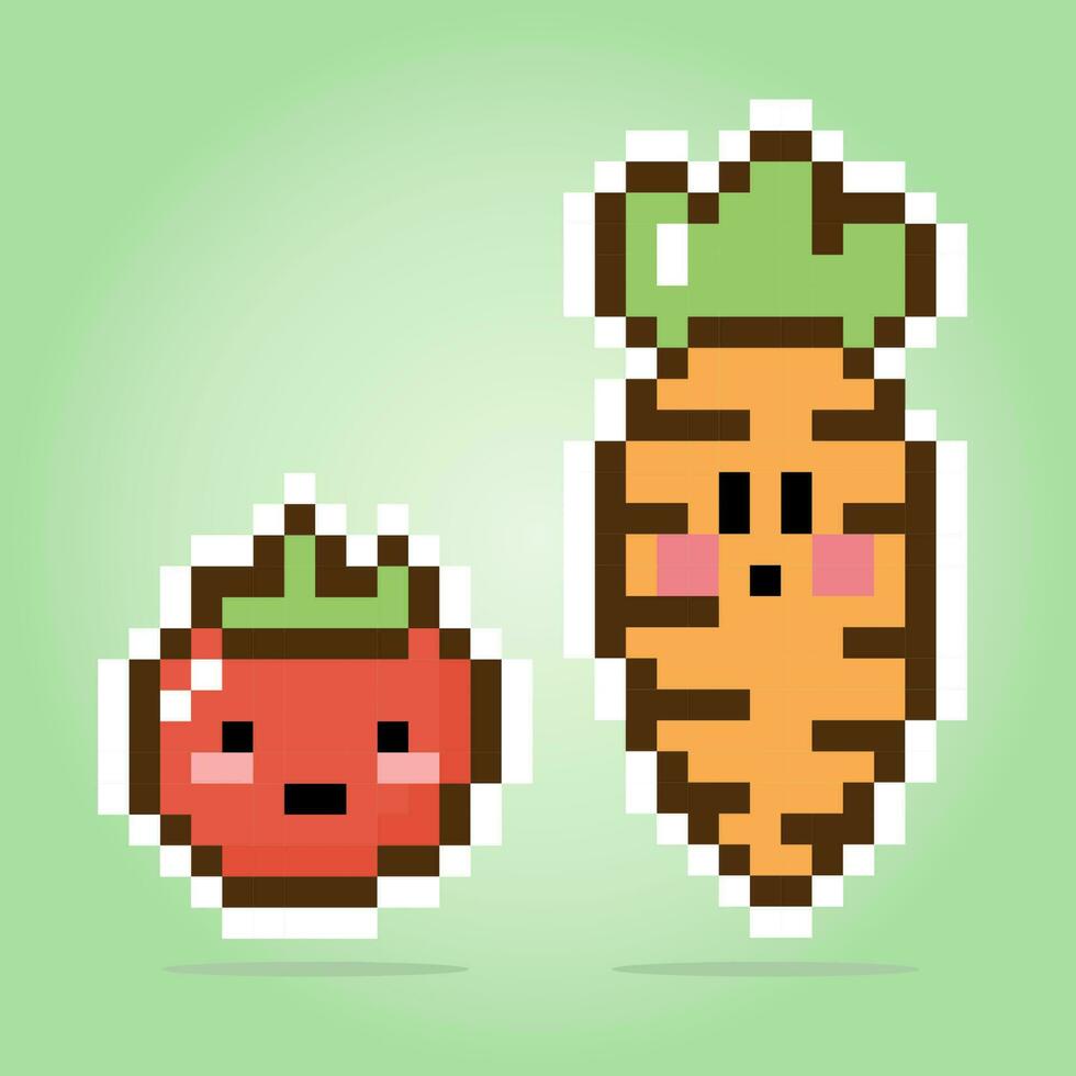 Pixel 8 bits of carrots and tomatoes. Vegetables for game assets in vector illustrations.