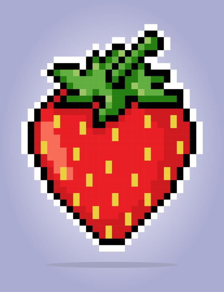 Píxel de fresa de 8 bits. píxel de frutas para activos de juego y patrones de punto de cruz en ilustraciones vectoriales. vector