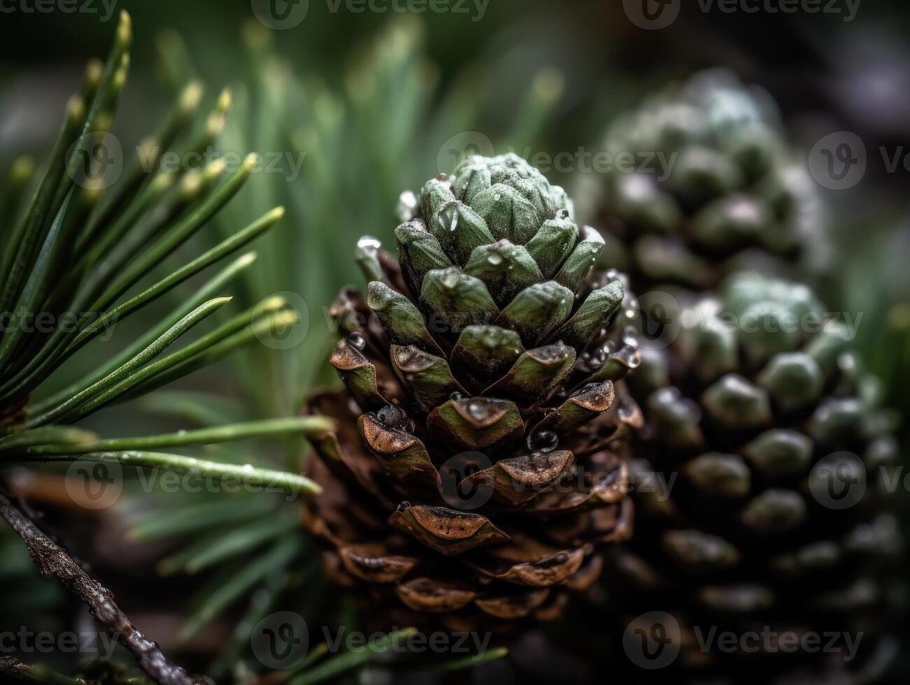 pino conos en el bosque. selectivo enfocar. creado con generativo ai tecnología. foto