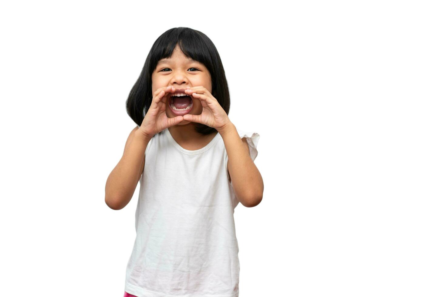 Portrait of angry emotional Asian girl screaming and frustrated shouting with anger, crazy and yelling on white background, Concept of attention deficit hyperactivity disorder photo