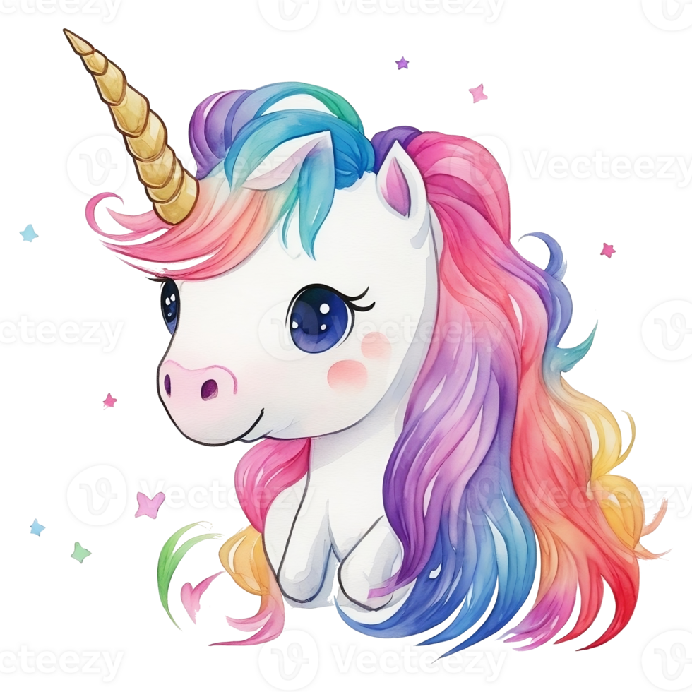 linda unicornios con arco iris cabello, ai generativo png