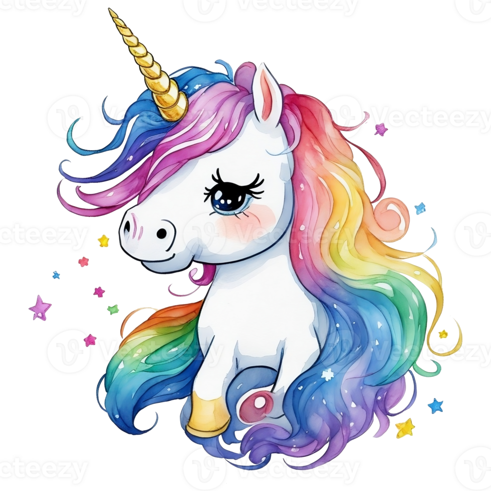 linda unicornios con arco iris cabello, ai generativo png