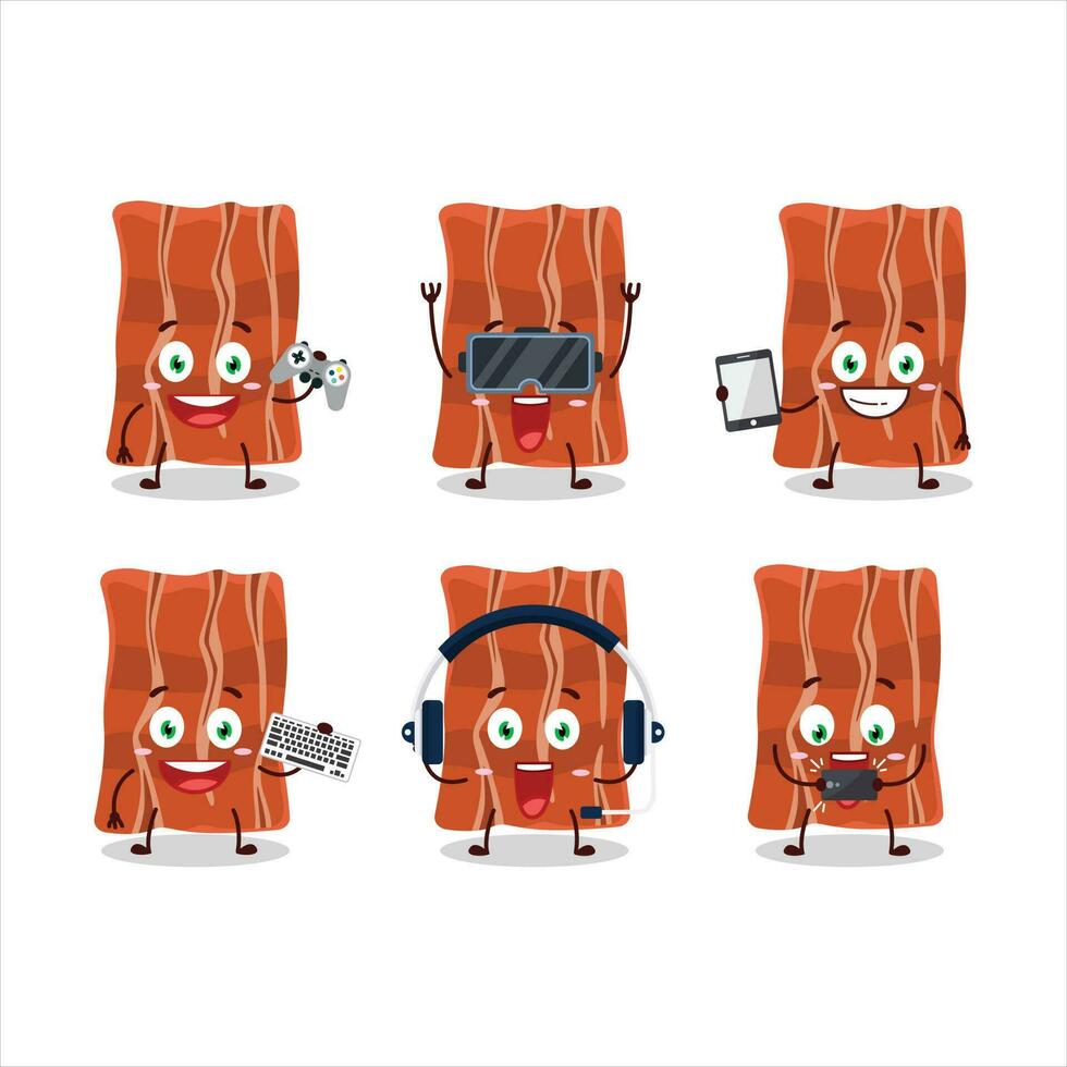 Fried bacon cartoon character are playing games with various cute emoticons vector
