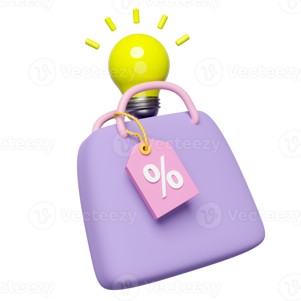 3d minimo shopping carta borse con leggero lampadina sconto i saldi icona per shopping in linea isolato. prezzo tag buono, marketing promozione bonus, idea mancia concetto, 3d rendere png