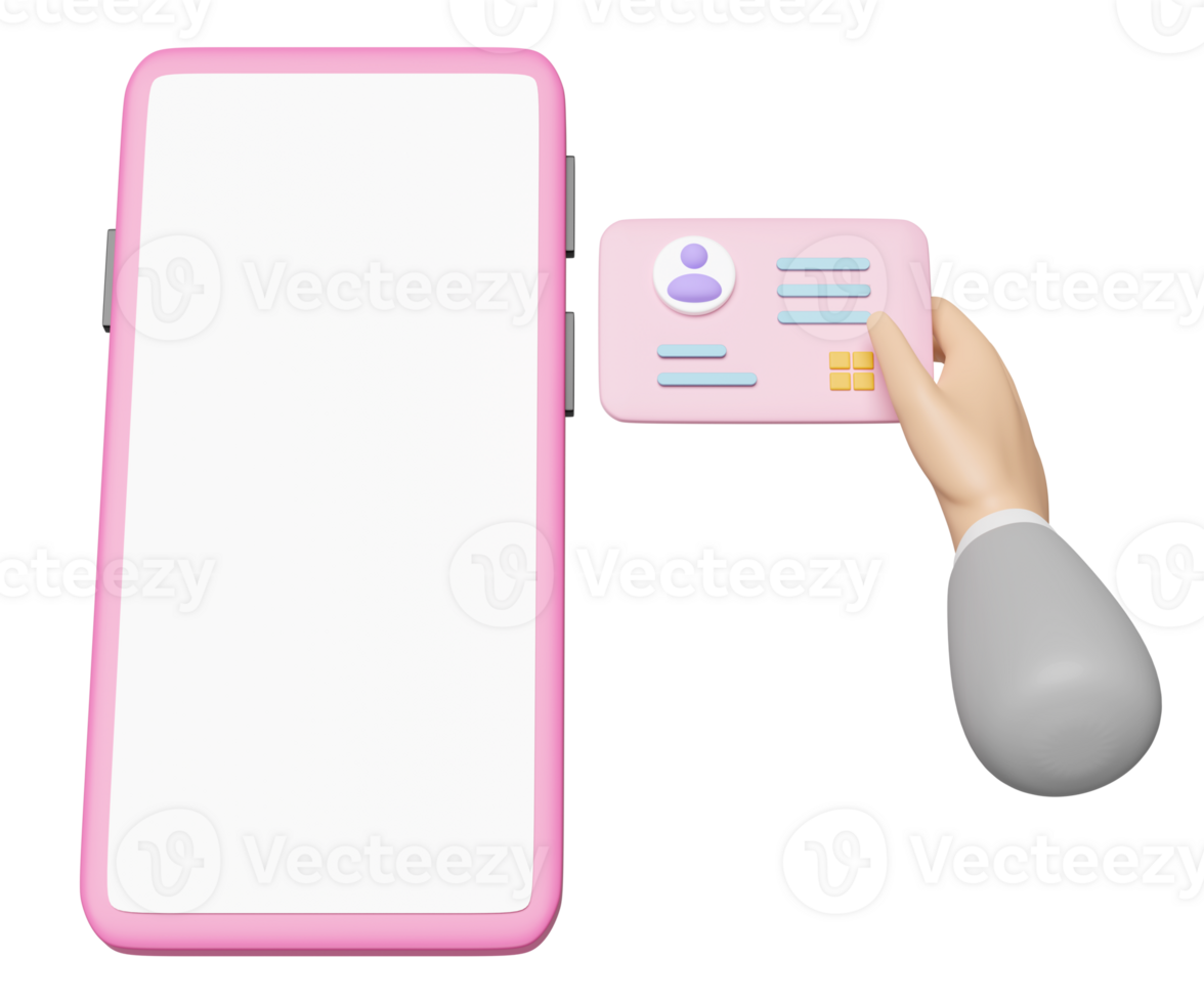 3d hand- gebruik makend van ID kaart kaart met mobiel telefoon, smartphone geïsoleerd. bedrijf persoon kaart, baan sollicitatie, werving personeel, menselijk bronnen, baan zoeken, plastic kaart concept, 3d geven png