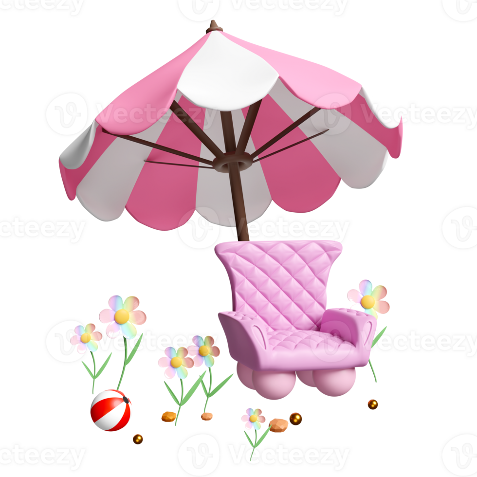 3d sofá silla con rosado paraguas o sombrilla, flor, playa pelota aislado . 3d hacer ilustración png
