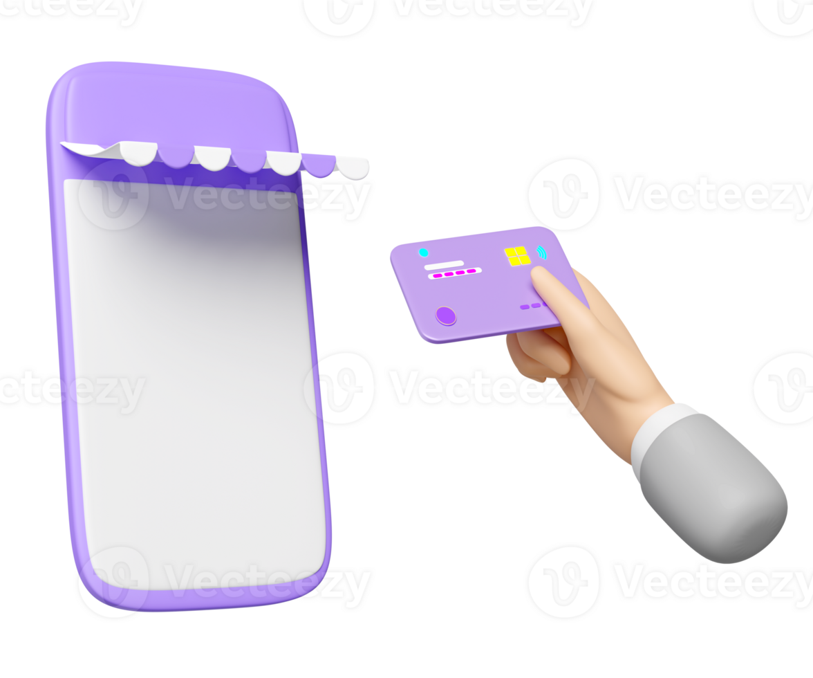 3D hand using credit card with mobile phone, purple smartphone store front isolated. online shopping, payment transaction, online shopping concept, 3d render png