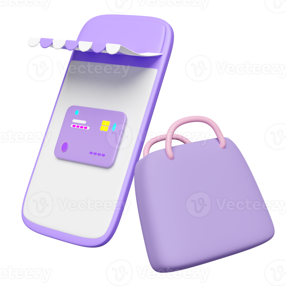 3d mobile phone or purple smartphone with store front, paper bags, credit card isolated. online shopping concept, 3d render illustration png