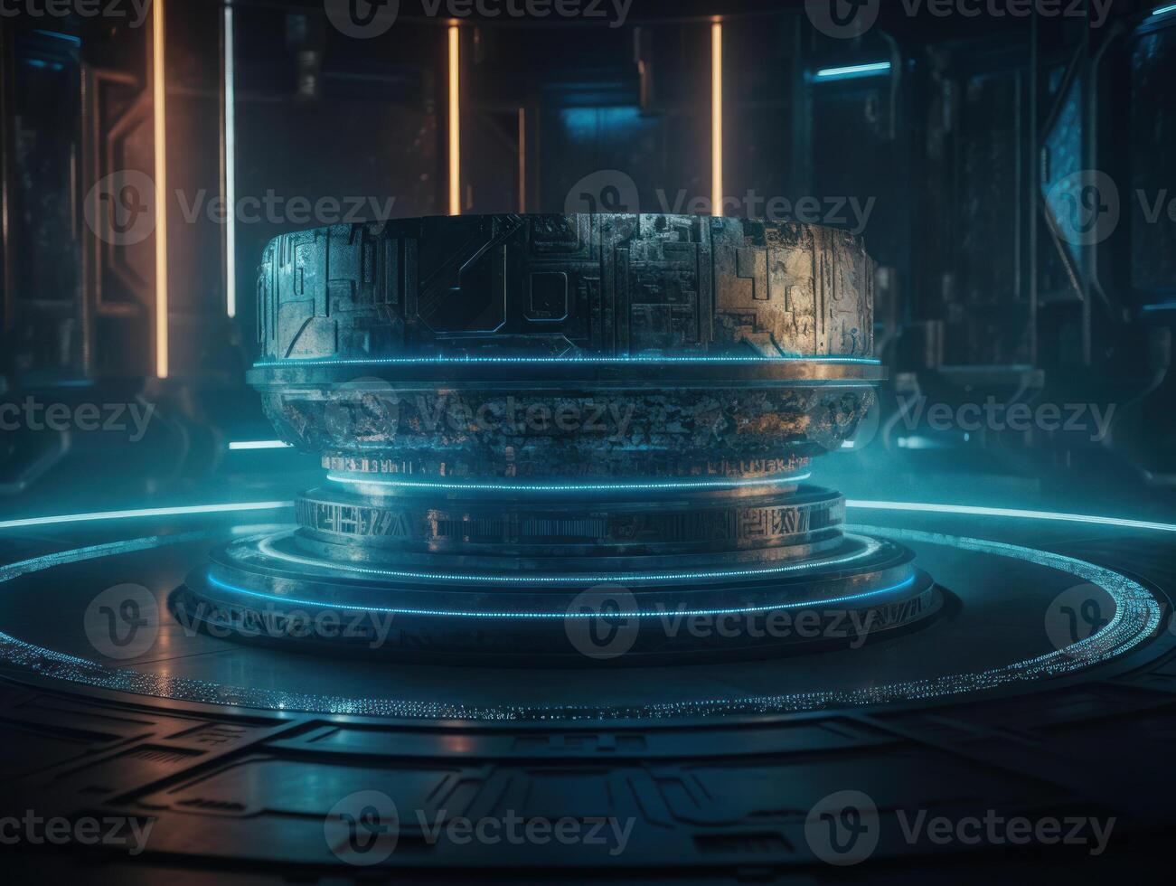 Futuristic sci-fi room with neon lights Round podium created with technology. photo