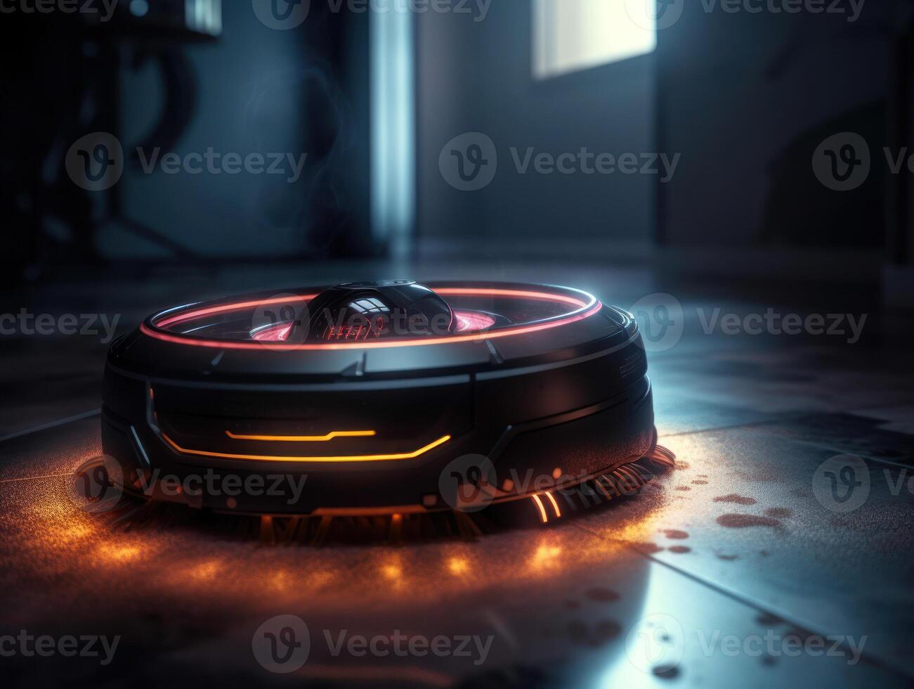 Robotic vacuum cleaner cleaning the floor in the living room. Cleaning service concept. Created with technology. photo