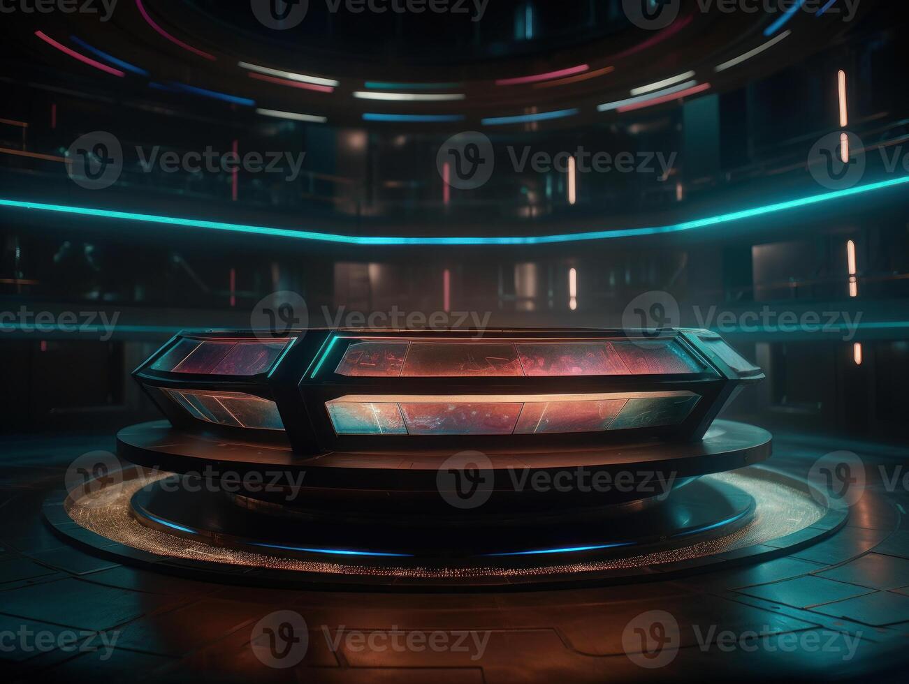 Futuristic sci-fi room with neon lights Round podium created with technology. photo
