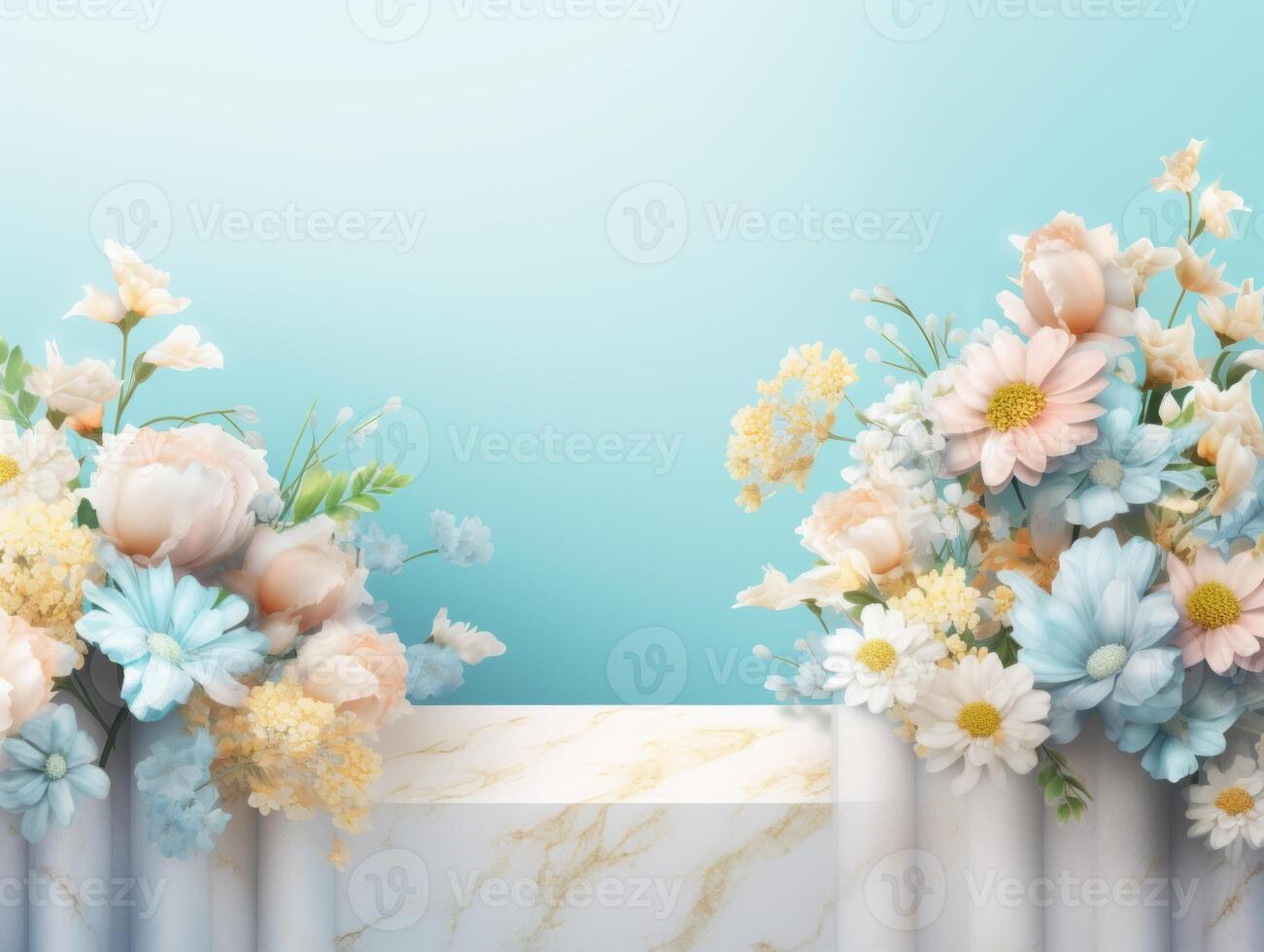 Round marble podium with flowers created with technology. photo