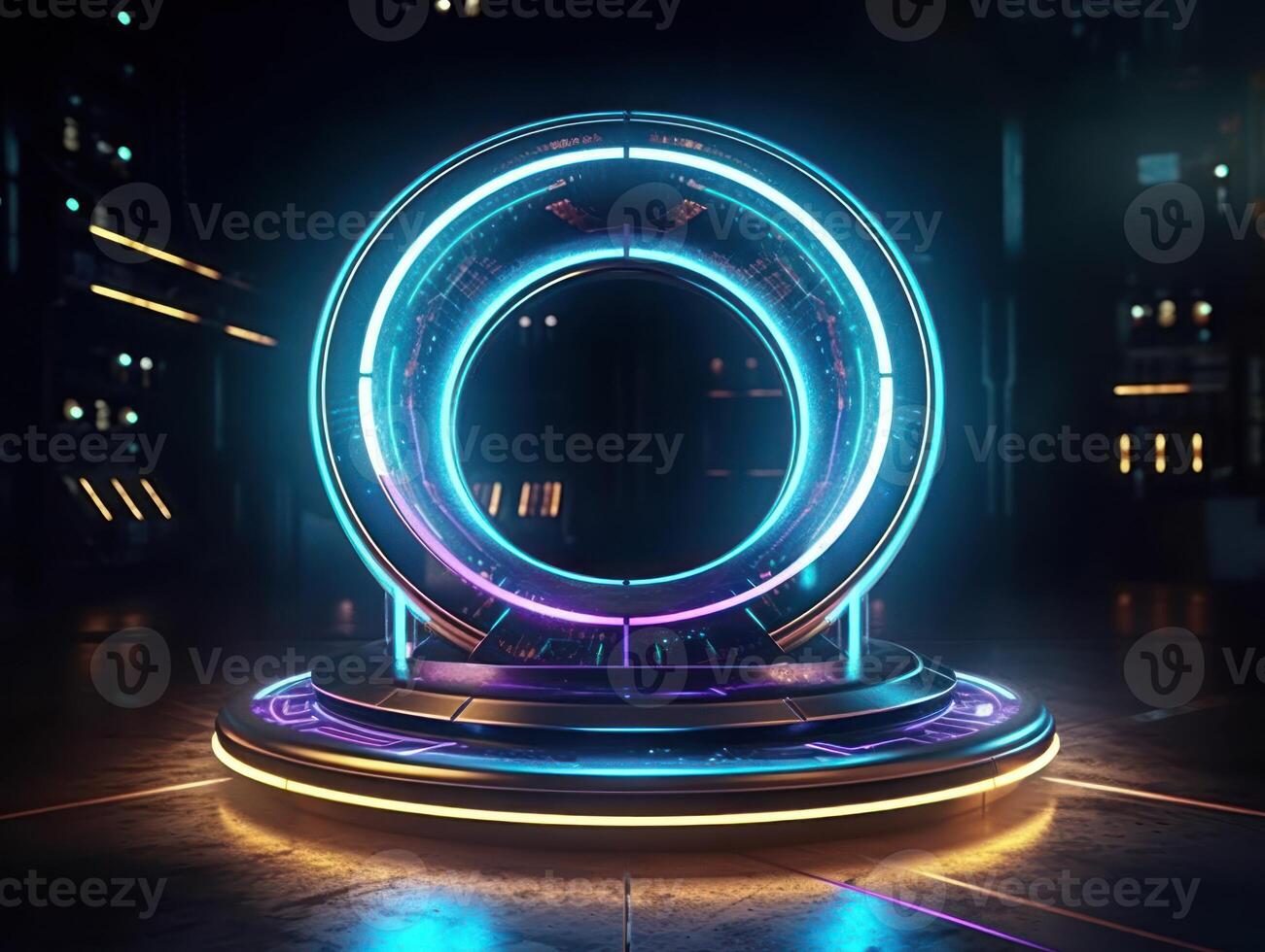 Fantastic Circle holograms magic portals. Futuristic round stage with neon lights. Glowing round stage on a dark background. Created with technology photo