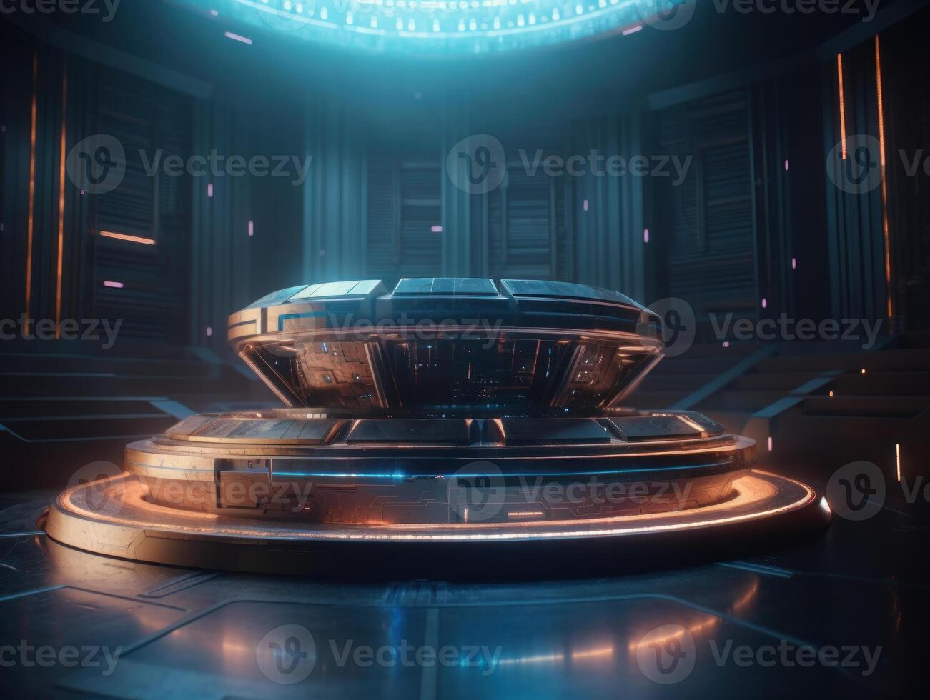 Futuristic sci-fi room with neon lights Round podium created with technology. photo