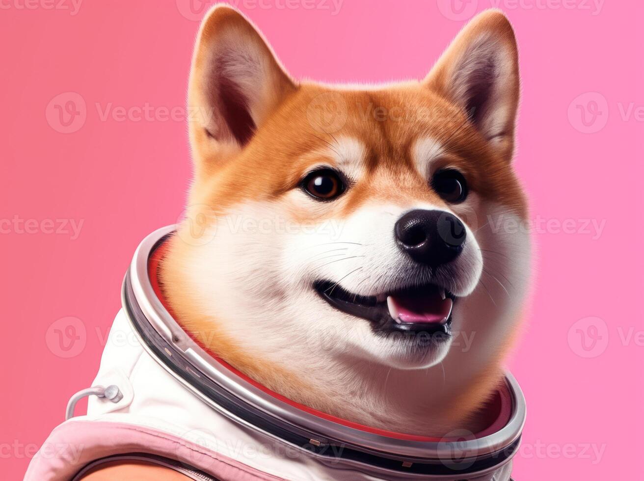 Shiba inu dog in astronaut suit and helmet on pink background created with technology. photo