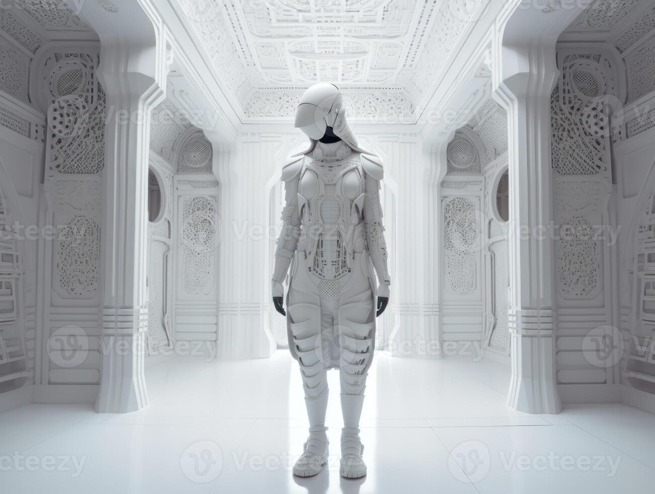 A futuristic female mannequin in a white dress and mask stands in a futuristic white room interior Symmetrical composition Created with technology photo