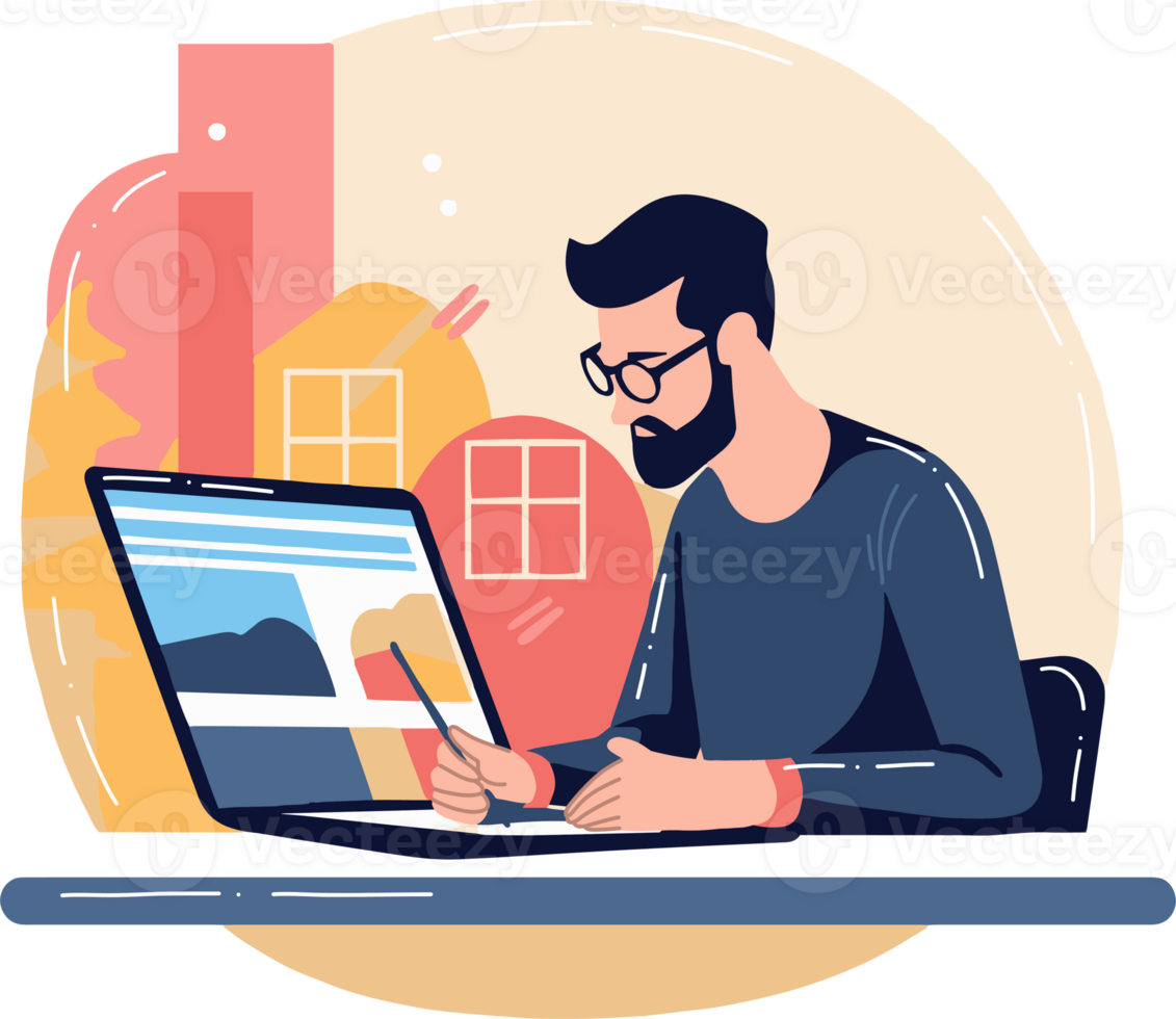 Hand Drawn Freelance man working in the office style illustration for business ideas png