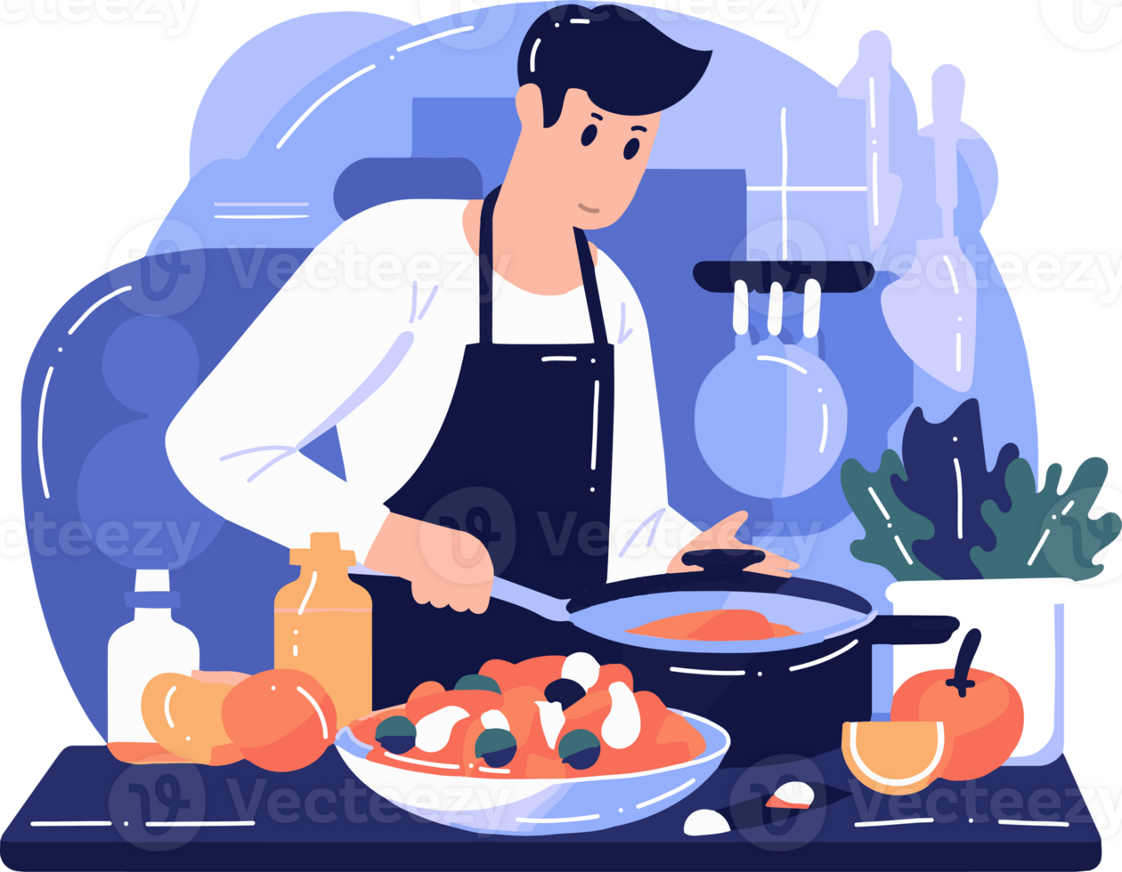 Hand Drawn chef cooking in the kitchen flat style illustration for business ideas png