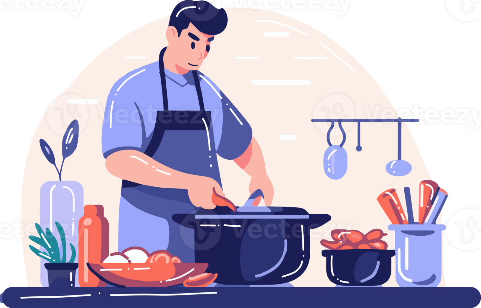 Hand Drawn chef cooking in the kitchen flat style illustration for business ideas png