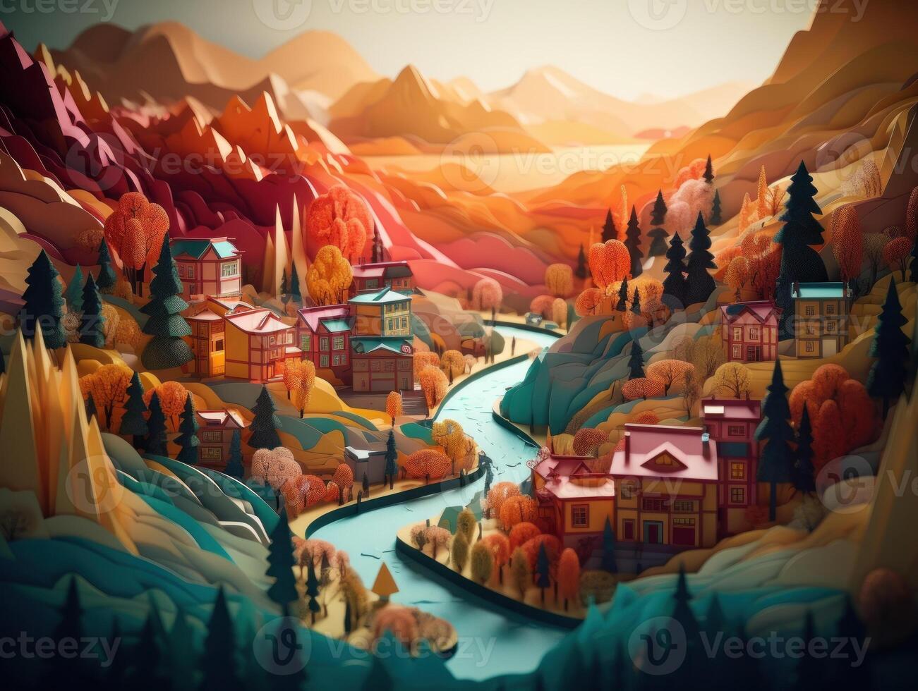 Colorful papercraft medieval city paper cut terrain background created with technology. photo