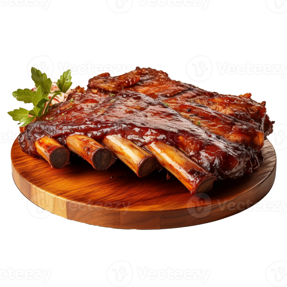 Barbecue Ribs on a wooden plate isolated on background with png