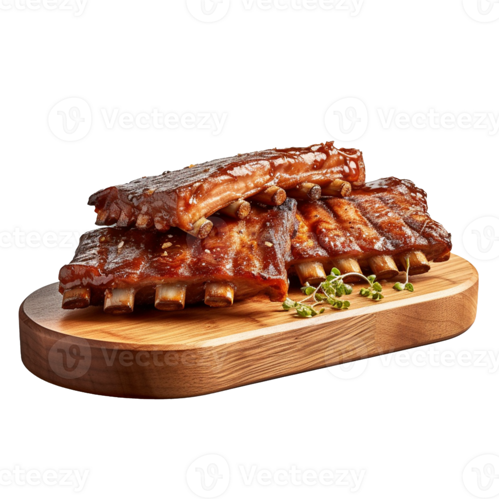 Barbecue Ribs on a wooden plate isolated on background with png