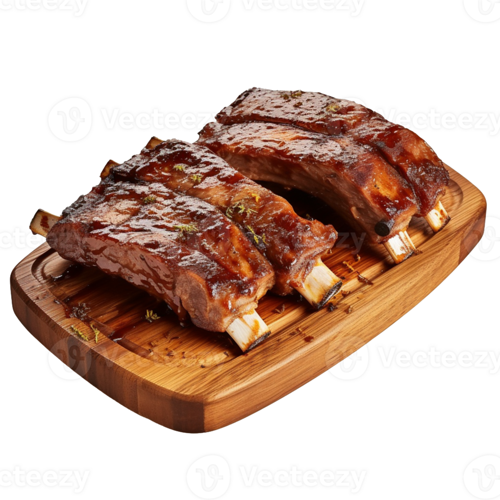 Barbecue Ribs on a wooden plate isolated on background with png