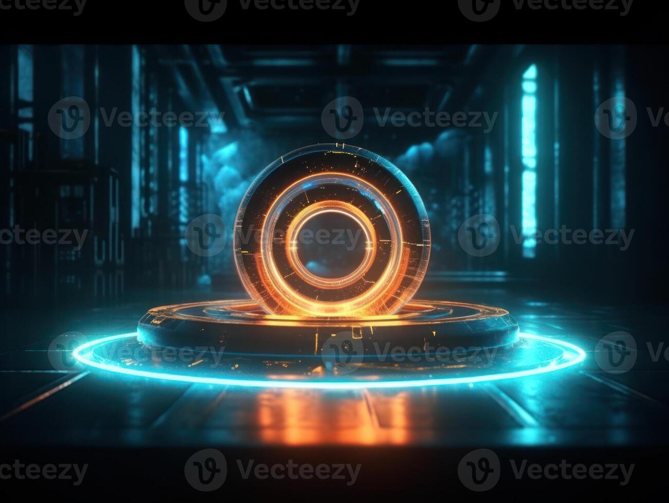 Fantastic Circle holograms magic portals. Futuristic round stage with neon lights. Glowing round stage on a dark background. Created with technology photo