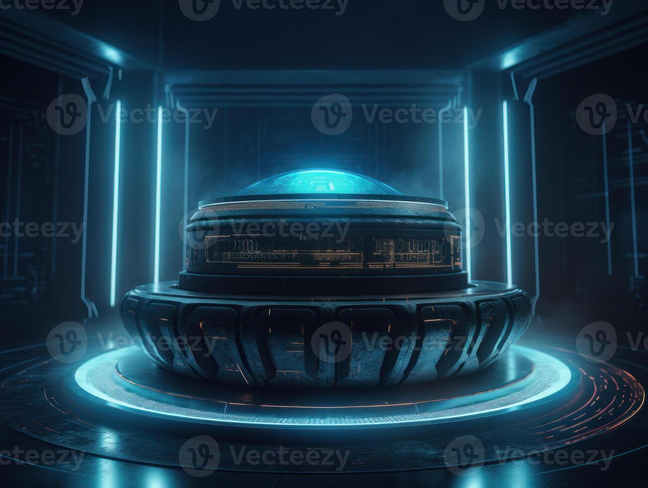 Futuristic sci-fi room with neon lights Round podium created with technology. photo