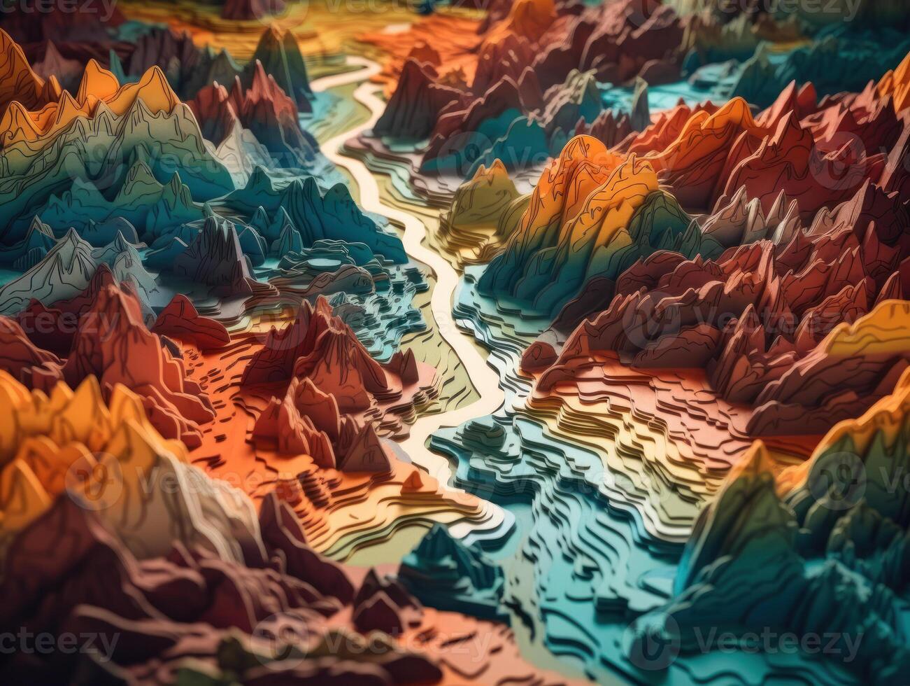 Colorful paper cut terrain mountains background created with technology. photo