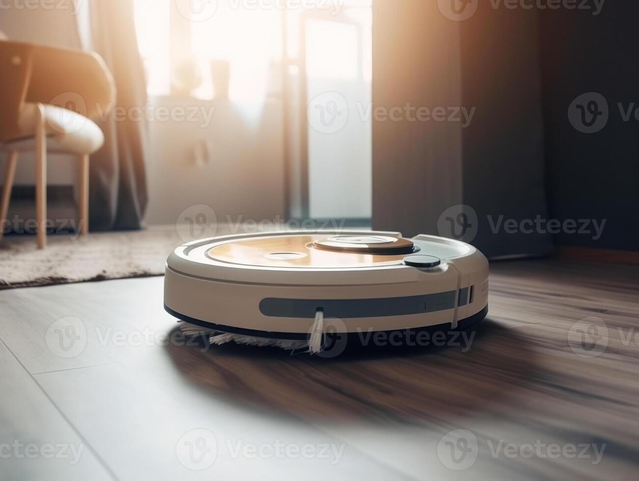 Robotic vacuum cleaner cleaning the floor in the living room. Cleaning service concept. Created with technology. photo