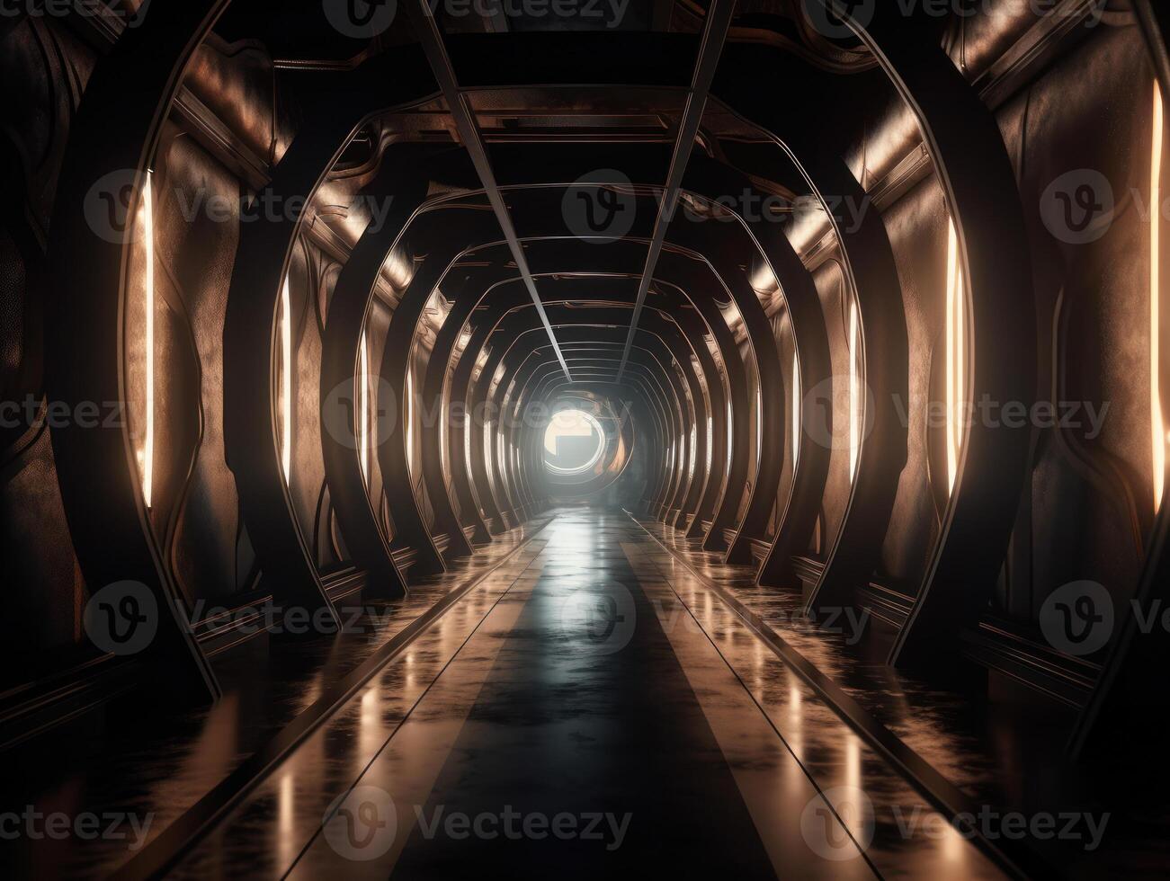 Abstract futuristic tunnel corridor with glowing lights and reflections Science fiction style Created with technology photo