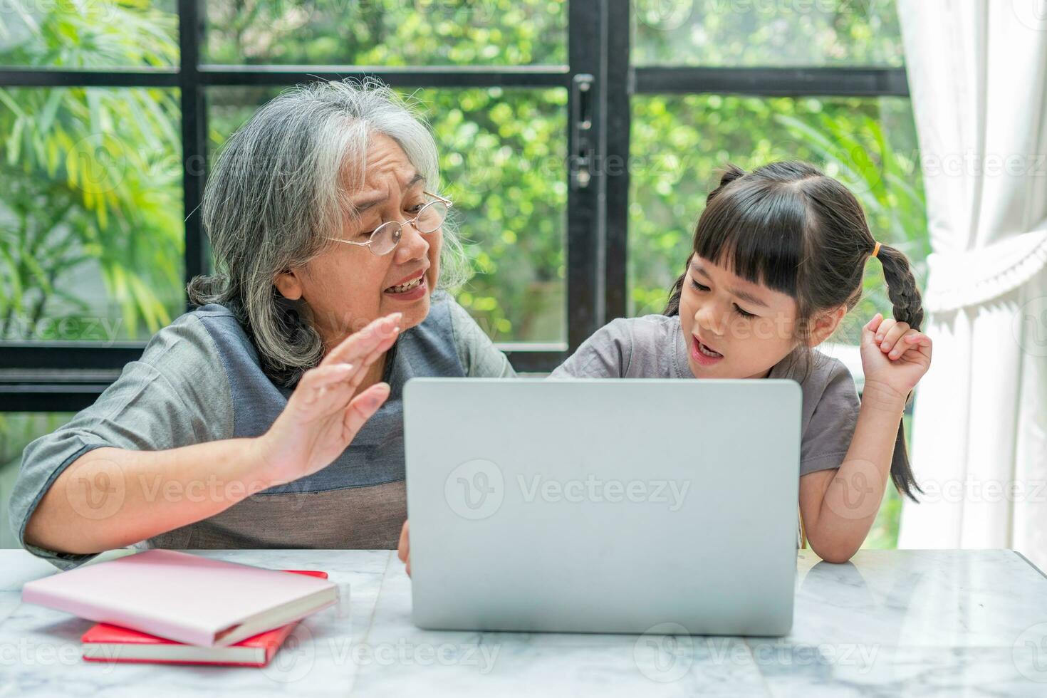 Asian Grandmother with her two grandchildren having fun and playing education games online with a computer notebook at home in the living room. Concept of online education and caring from parents. photo