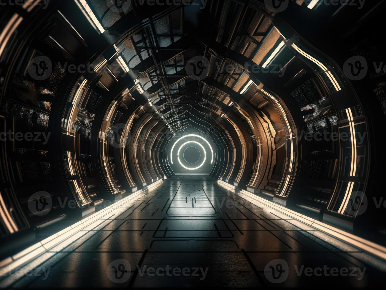 Abstract futuristic tunnel corridor with glowing lights and reflections Science fiction style Created with technology photo