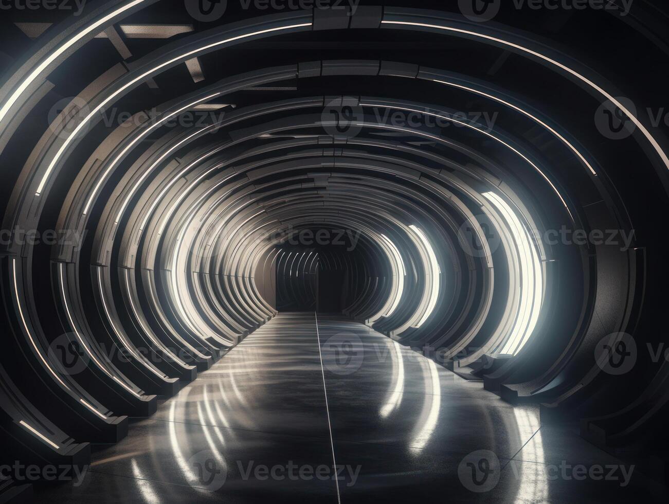 Abstract futuristic tunnel corridor with glowing lights and reflections Science fiction style Created with technology photo