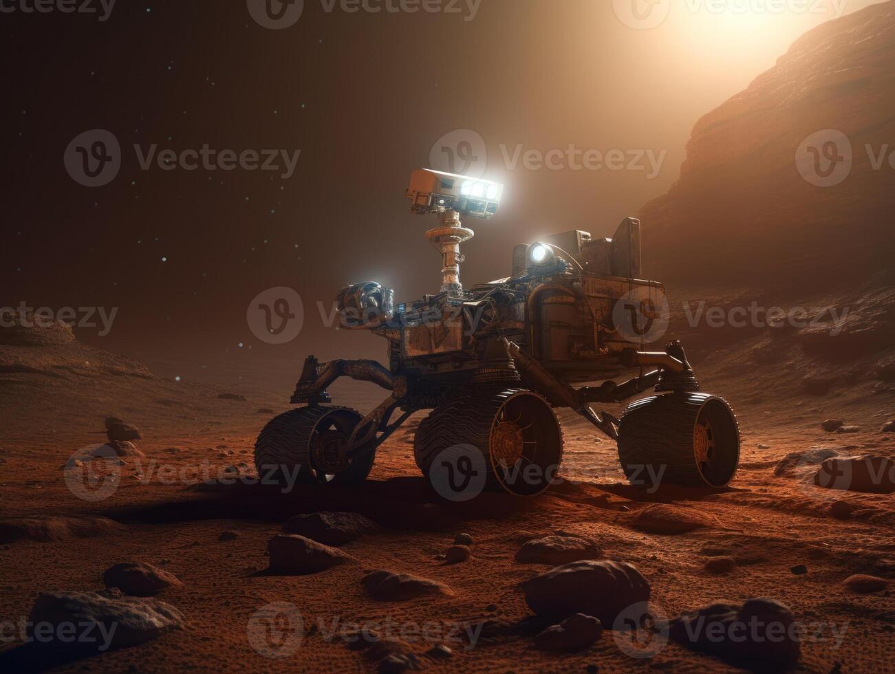 Rover on Mars surface. Exploration of red planet. Created with technology. photo