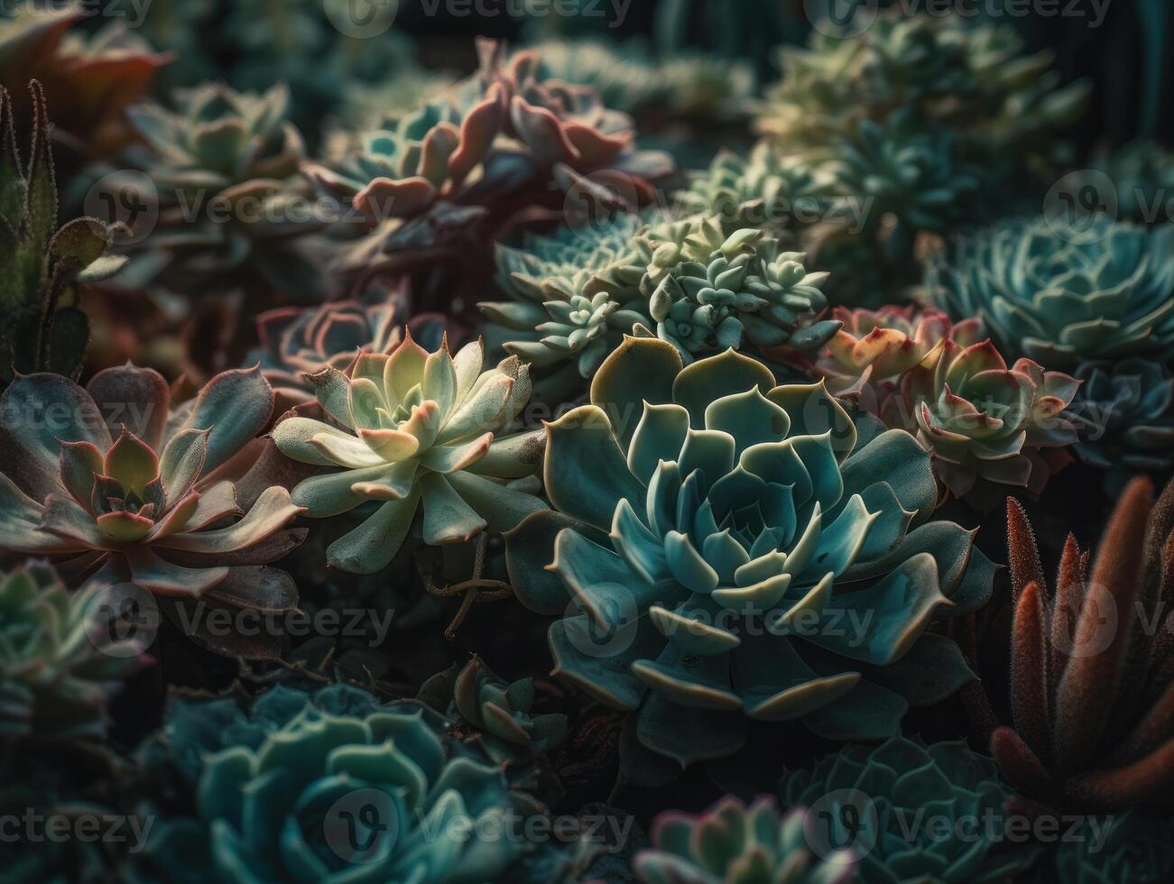 miniatura hogar flores suculentas y cactus en el jardín creado con generativo ai tecnología foto