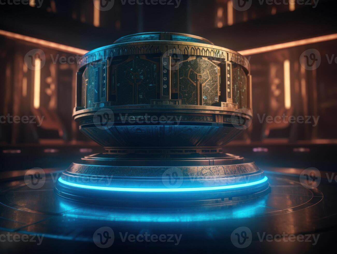 Futuristic sci-fi room with neon lights Round podium created with technology. photo