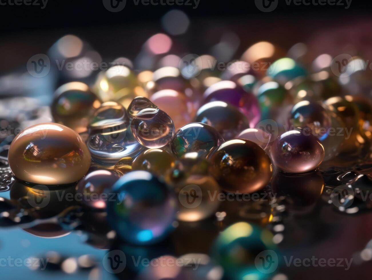 Iridescent pearl spheres on a dark background Liquid dynamic shapes Created with technology. photo