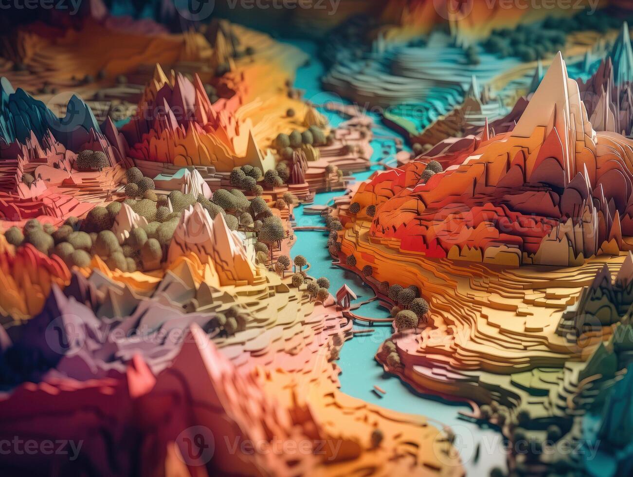 Colorful paper cut terrain mountains background created with technology. photo
