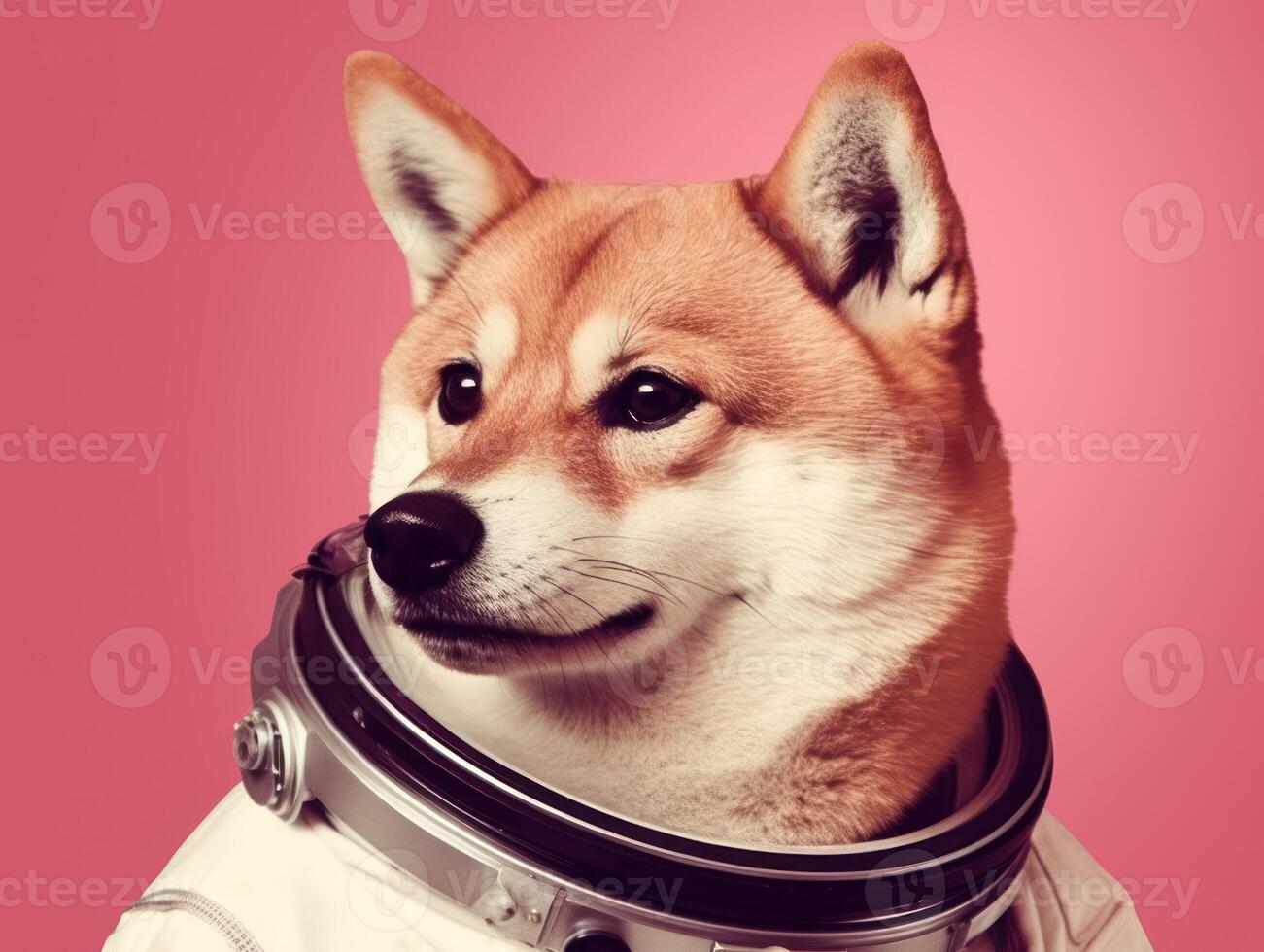 Shiba inu dog in astronaut suit and helmet on pink background created with technology. photo