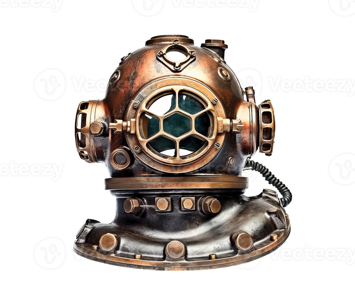 Vintage underwater diver helmet isolated on transparent background, created with png