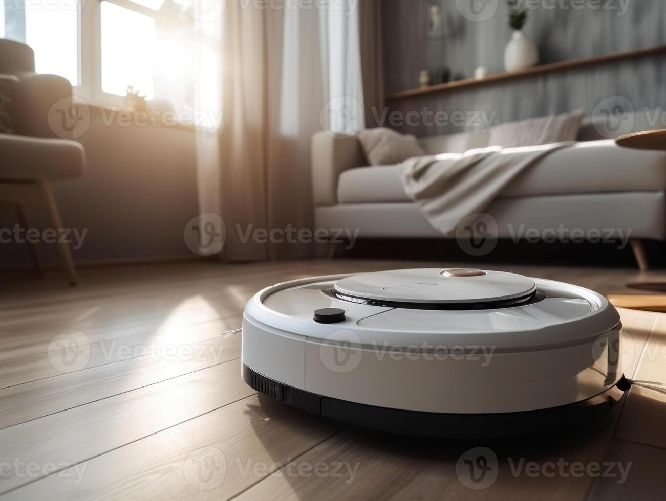 Robotic vacuum cleaner cleaning the floor in the living room. Cleaning service concept. Created with technology. photo