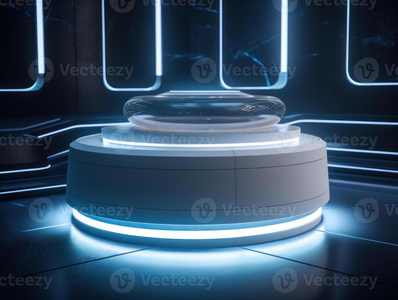 Futuristic sci-fi room with neon lights Round podium created with technology. photo
