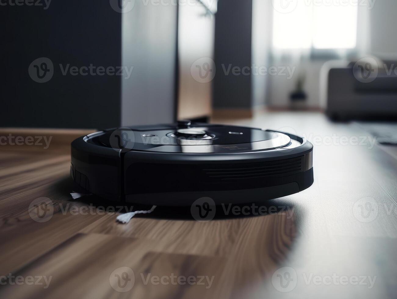 Robotic vacuum cleaner cleaning the floor in the living room. Cleaning service concept. Created with technology. photo