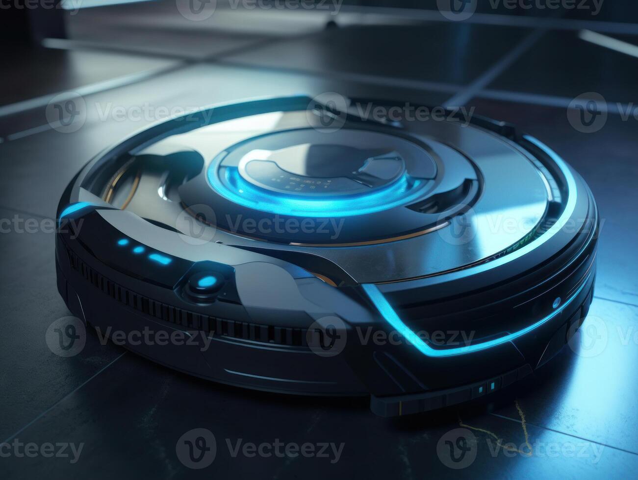 Robotic vacuum cleaner cleaning the floor in the living room. Cleaning service concept. Created with technology. photo