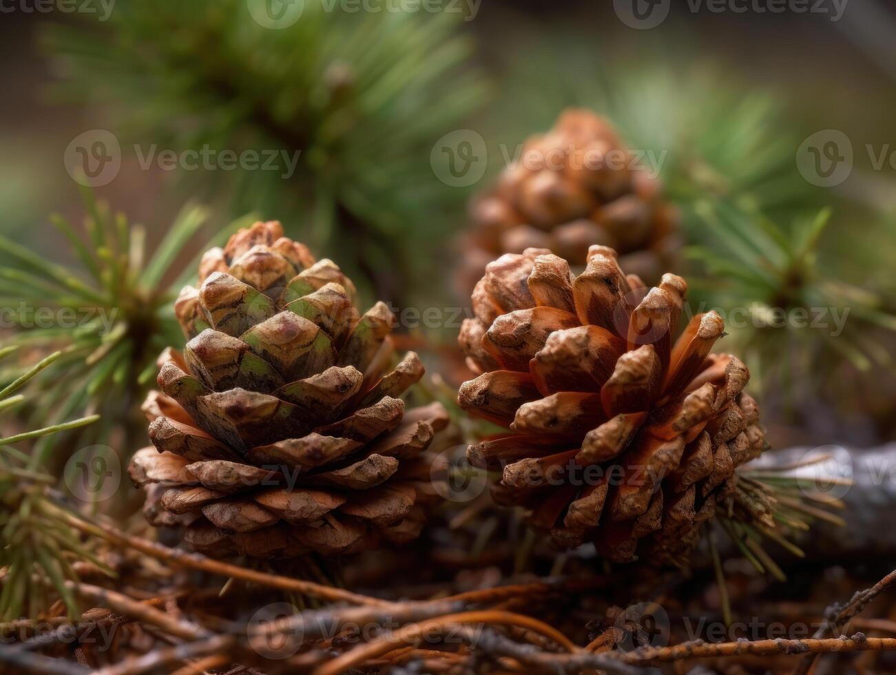 pino conos en el bosque. selectivo enfocar. creado con generativo ai tecnología. foto